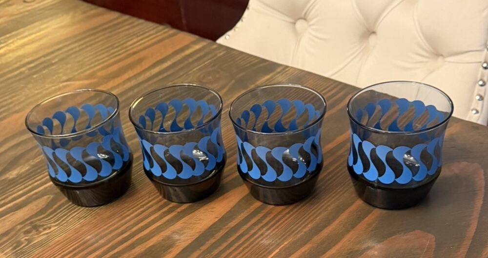 Vintage MCM SET Of 4 Juice Glasses Libbey Blue Tint Smoked Swirl Wave 3971/68